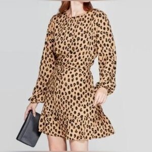 A New Day Cheetah Print Long Sleeve Tie Waist Sheath Dress sz M
